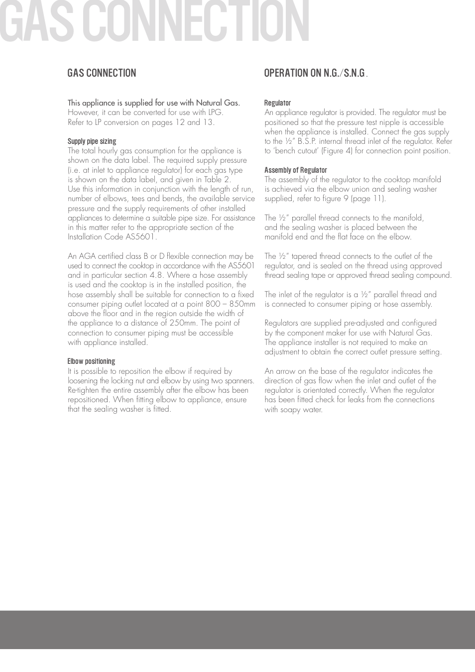 Gas connection, Operation on n.g./s.n.g . gas connection | Westinghouse GHP17S User Manual | Page 10 / 16