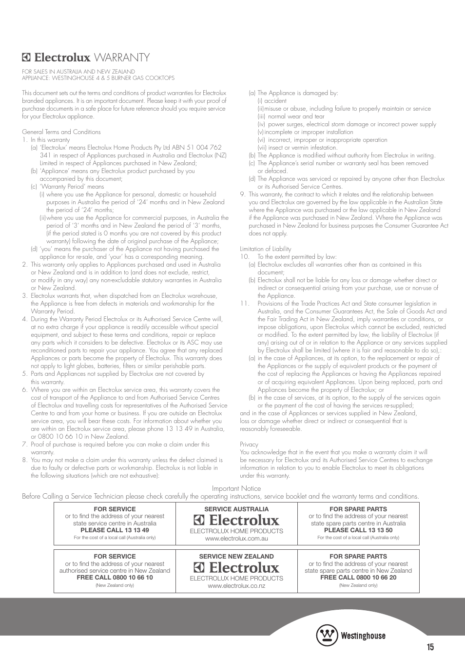 Warranty | Westinghouse GHP17S User Manual | Page 15 / 16