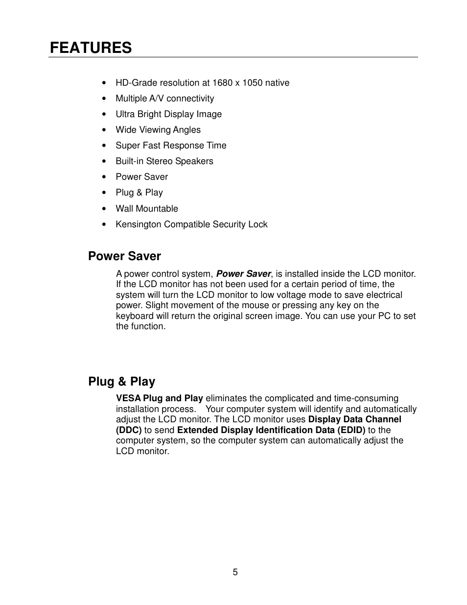 Features, Power saver, Plug & play | Westinghouse LCM-22W2 User Manual | Page 6 / 22