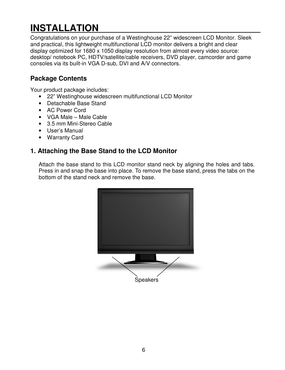 Installation, Package contents, Attaching the base stand to the lcd monitor | Westinghouse LCM-22W2 User Manual | Page 7 / 22