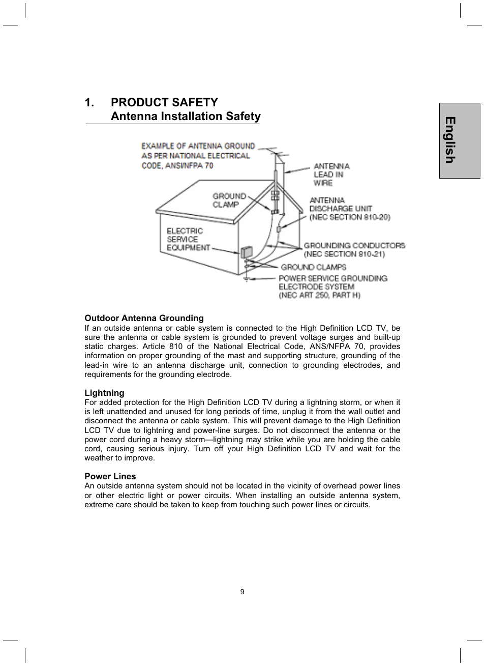 English, Product safety antenna installation safety | Westinghouse TX-52H480S User Manual | Page 10 / 51