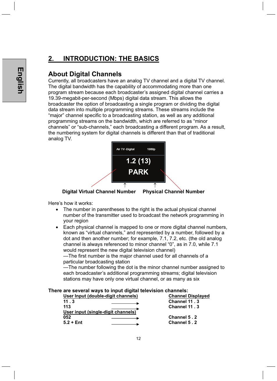 English, Introduction: the basics about digital channels | Westinghouse TX-52H480S User Manual | Page 13 / 51