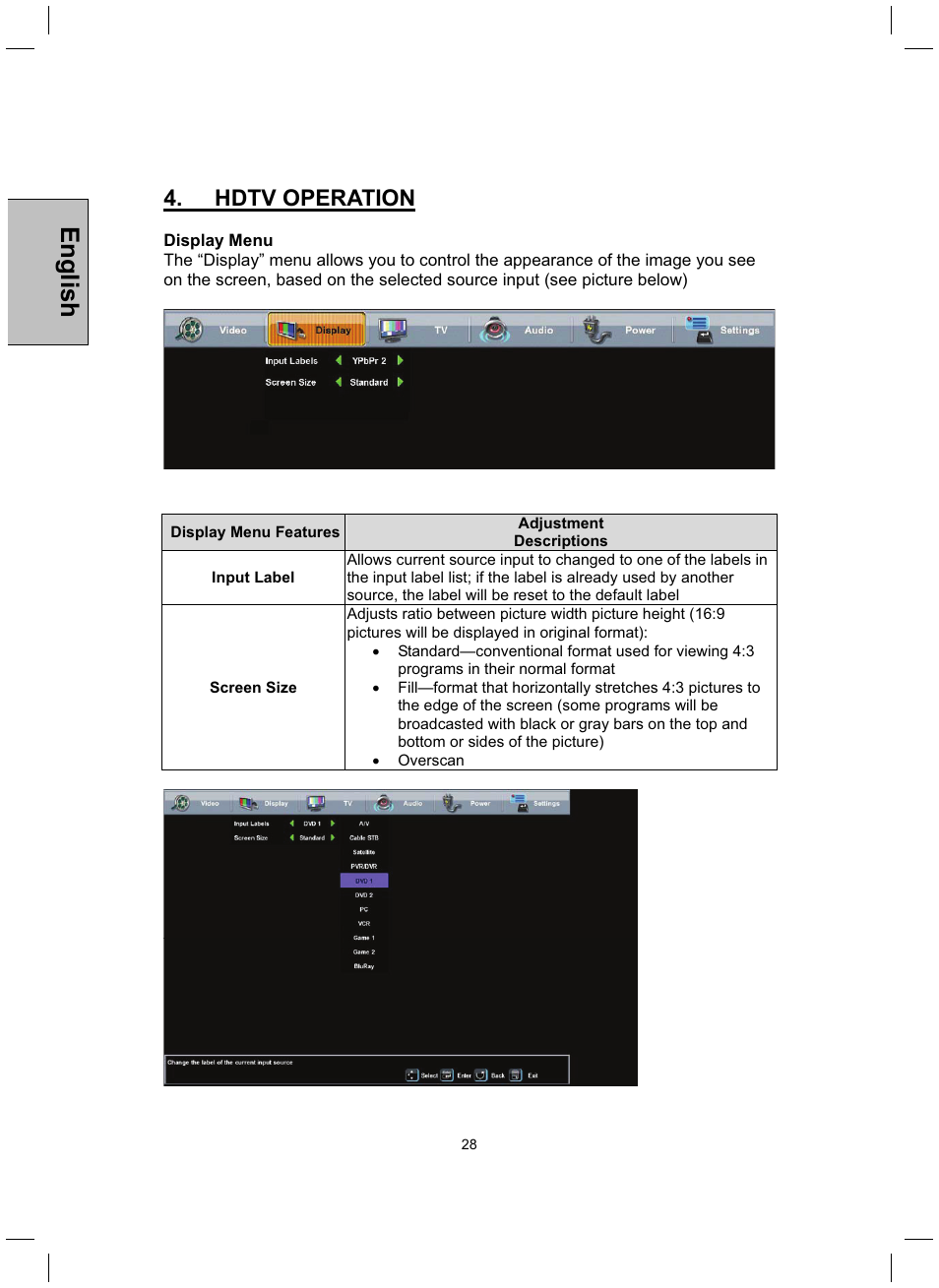 English, Hdtv operation | Westinghouse TX-52H480S User Manual | Page 29 / 51