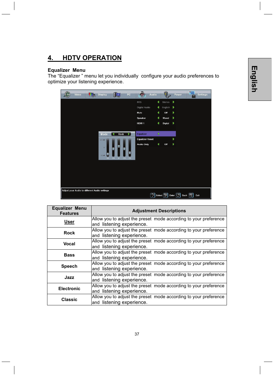 English, Hdtv operation | Westinghouse TX-52H480S User Manual | Page 38 / 51