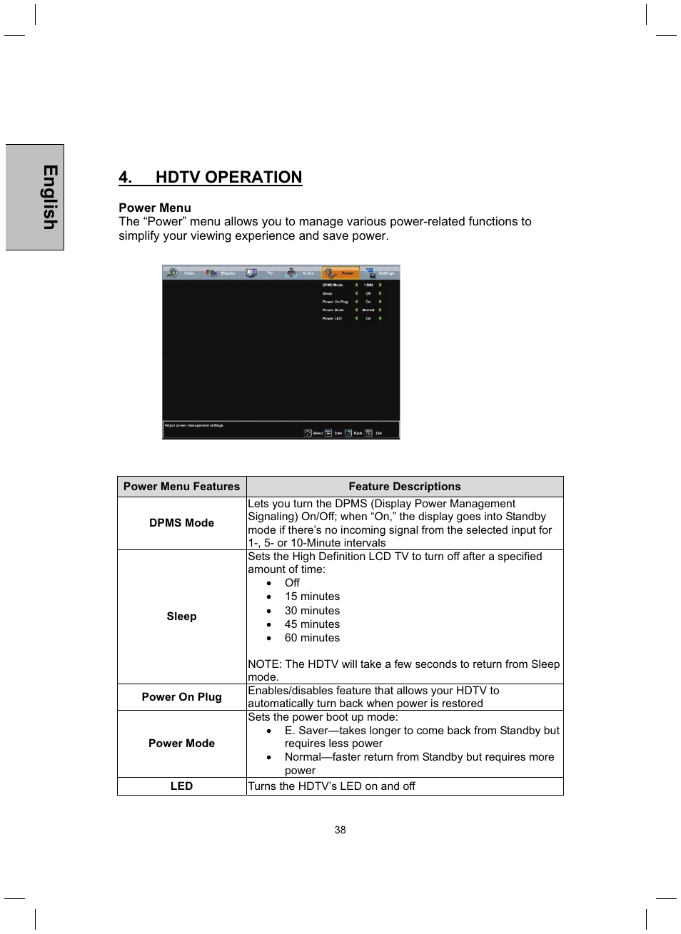 English, Hdtv operation | Westinghouse TX-52H480S User Manual | Page 39 / 51