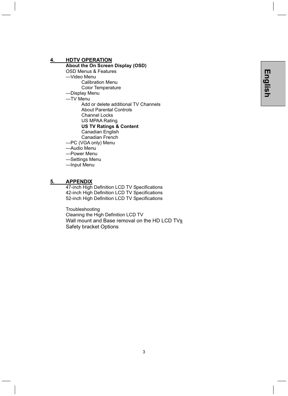 English | Westinghouse TX-52H480S User Manual | Page 4 / 51