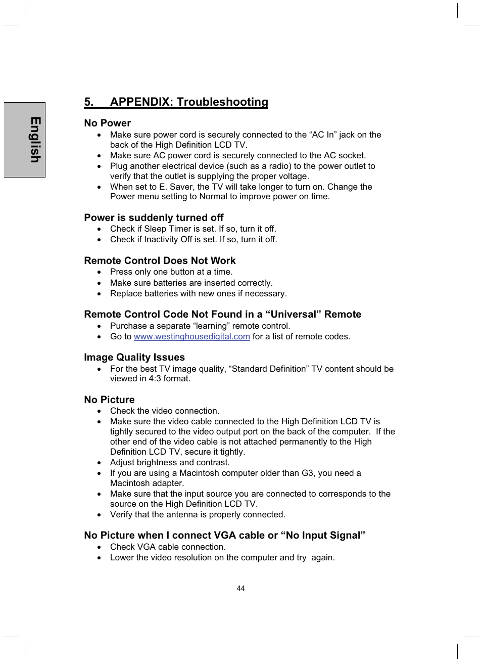 English, Appendix: troubleshooting | Westinghouse TX-52H480S User Manual | Page 45 / 51
