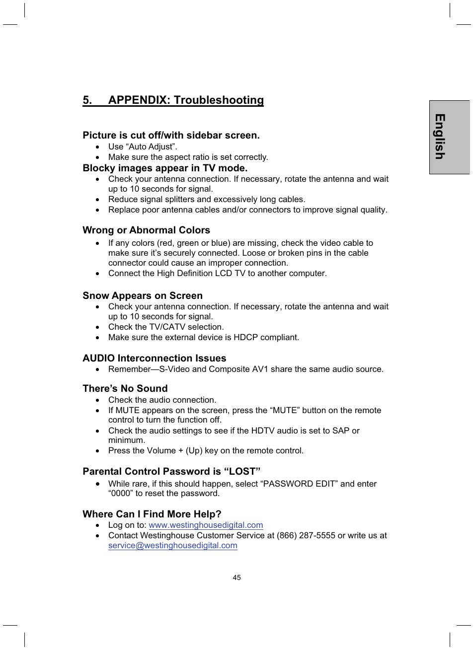 English, Appendix: troubleshooting | Westinghouse TX-52H480S User Manual | Page 46 / 51