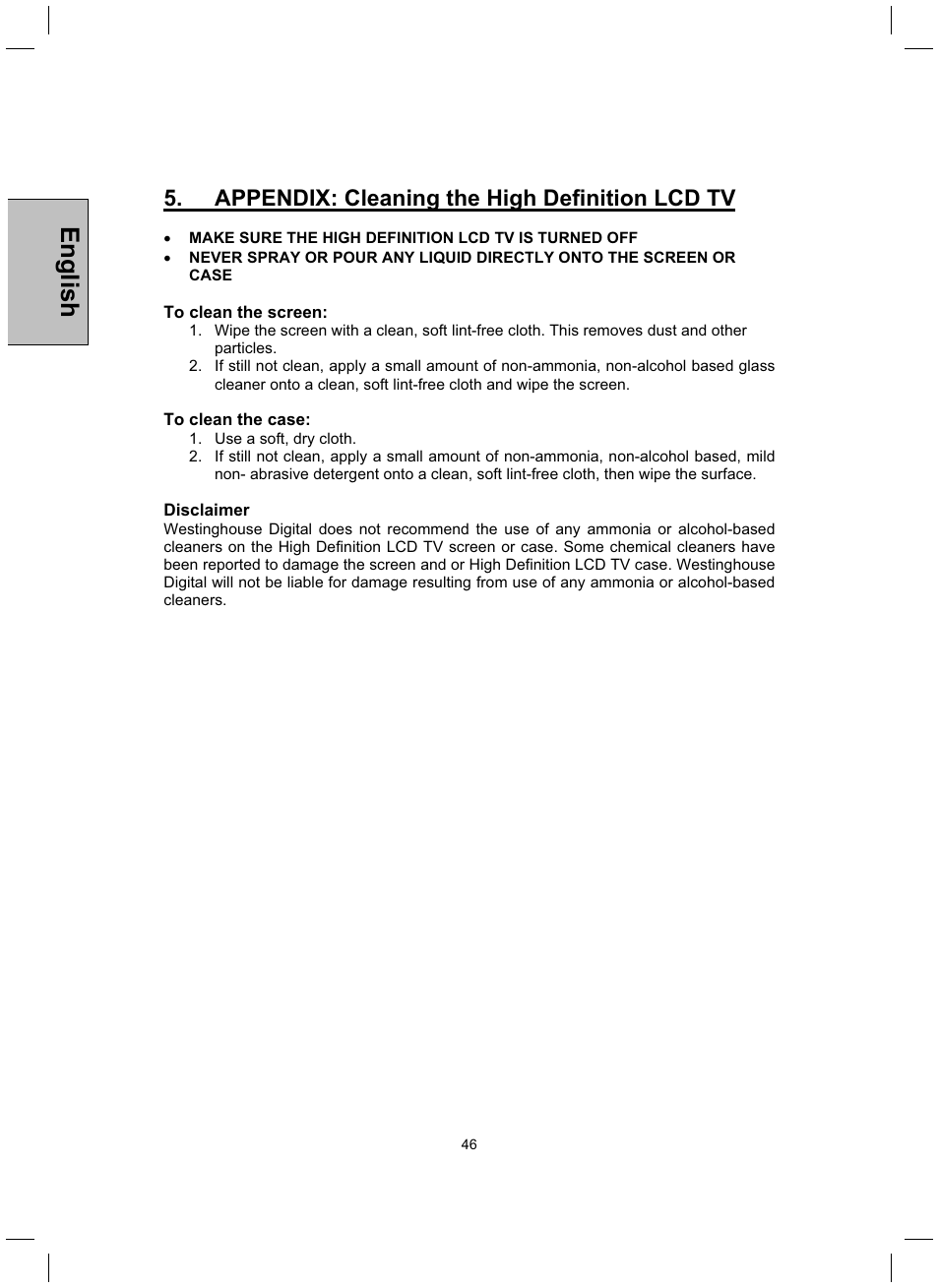 English, Appendix: cleaning the high definition lcd tv | Westinghouse TX-52H480S User Manual | Page 47 / 51