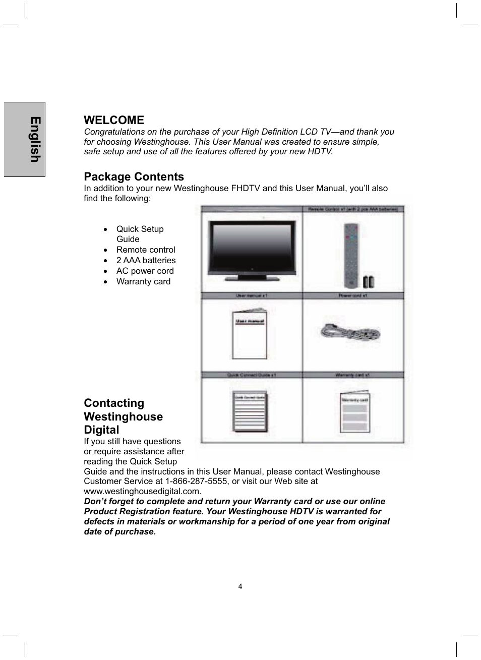 English, Welcome, Package contents | Contacting westinghouse digital | Westinghouse TX-52H480S User Manual | Page 5 / 51