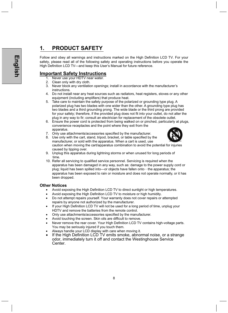 English, Product safety, Important safety instructions | Westinghouse TX-52H480S User Manual | Page 9 / 51