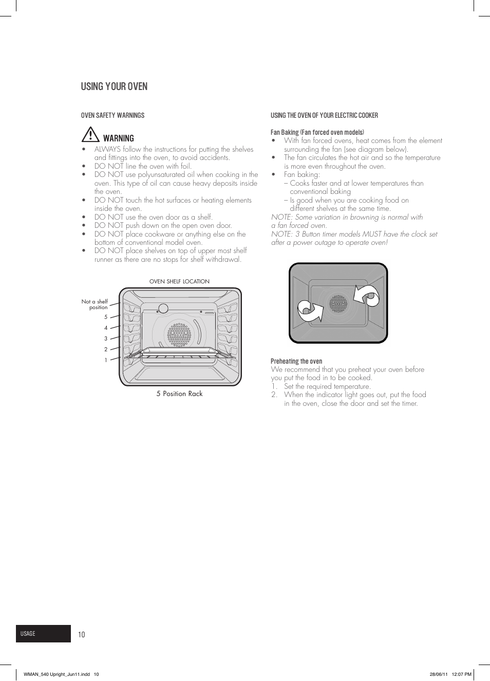 Using your oven, Warning | Westinghouse GEK1385W User Manual | Page 10 / 28