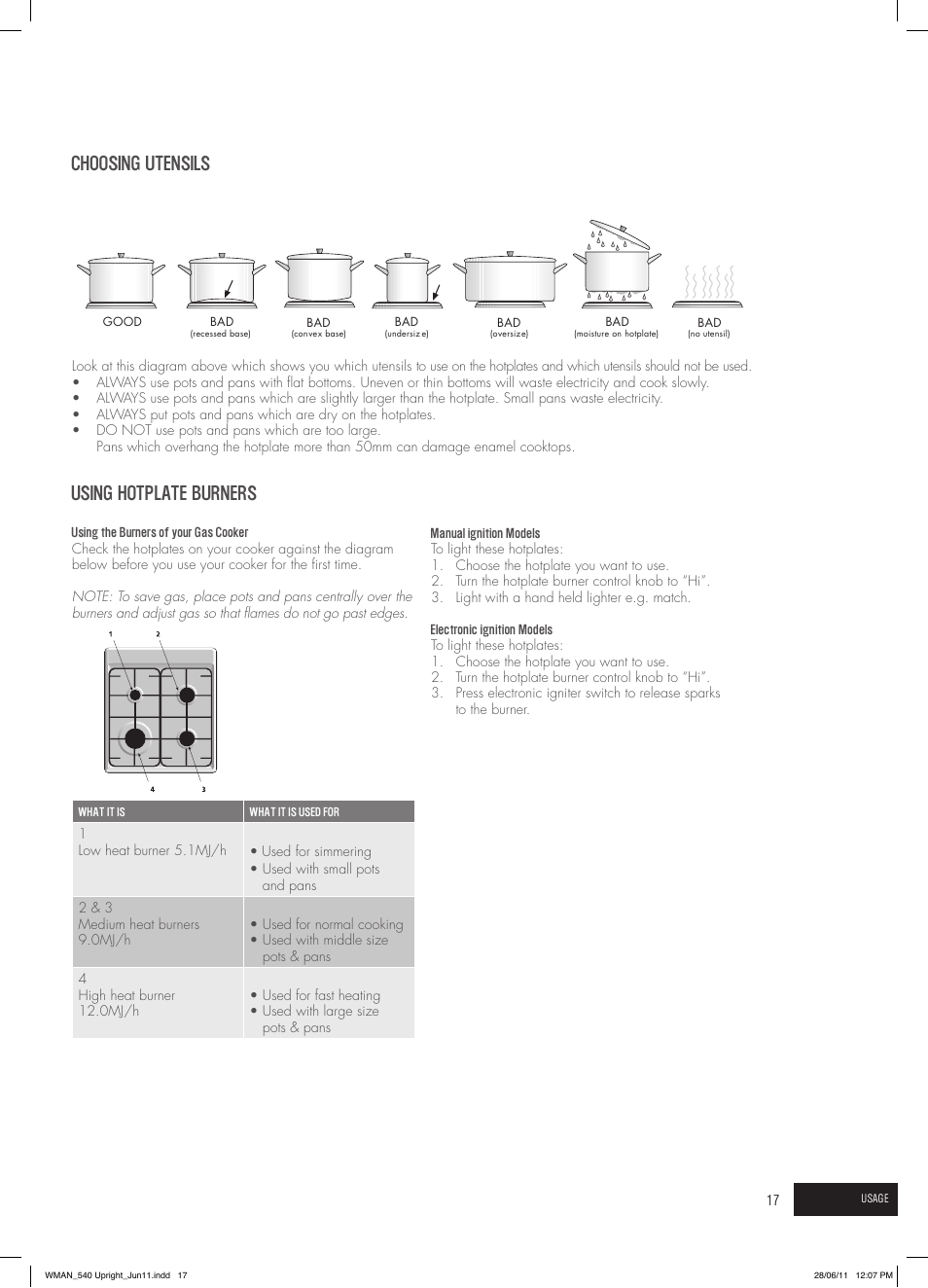 Using hotplate burners, Choosing utensils | Westinghouse GEK1385W User Manual | Page 17 / 28