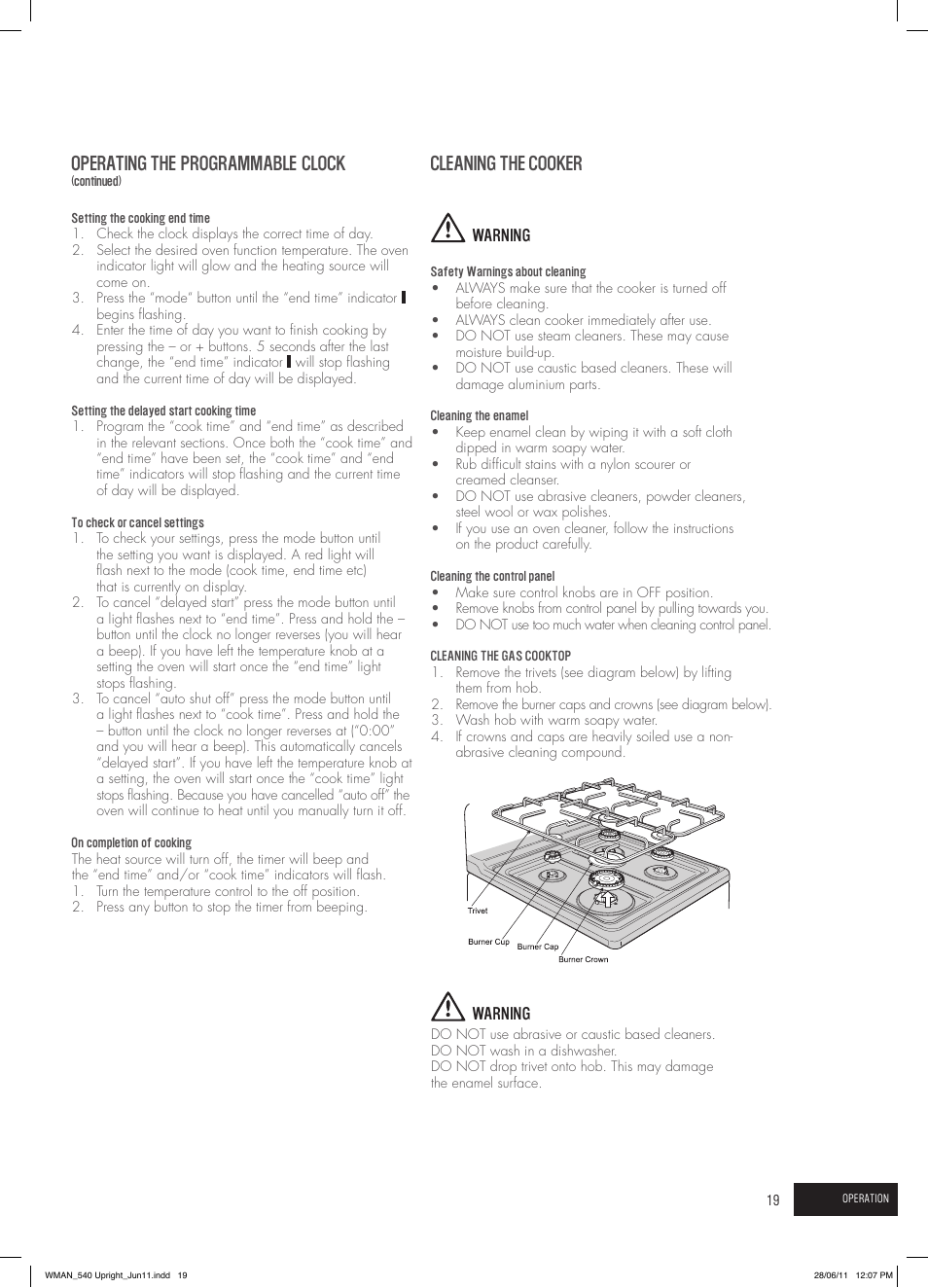 Operating the programmable clock, Cleaning the cooker | Westinghouse GEK1385W User Manual | Page 19 / 28