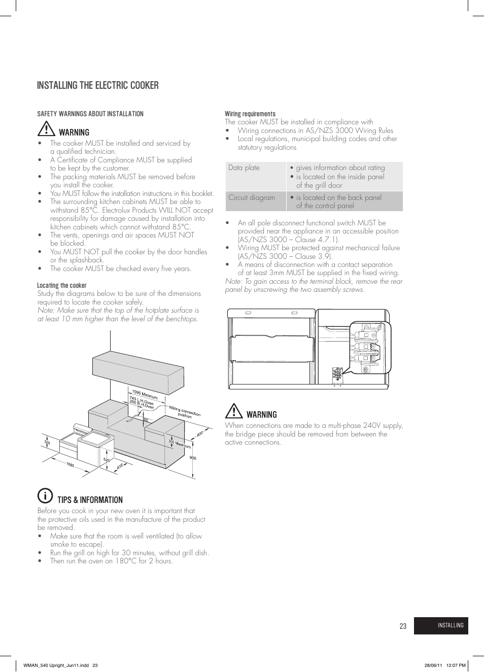 Installing the electric cooker | Westinghouse GEK1385W User Manual | Page 23 / 28