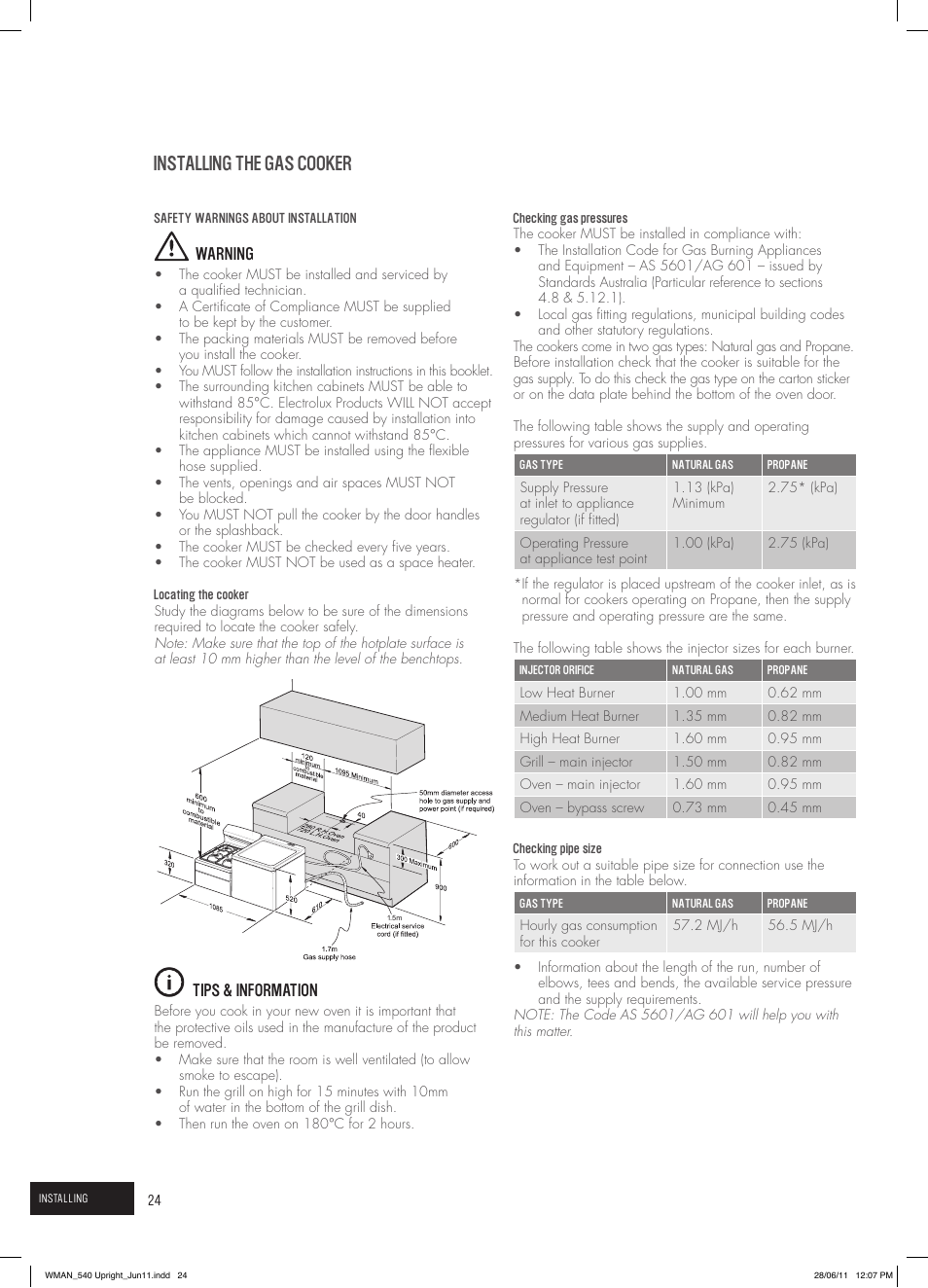 Installing the gas cooker | Westinghouse GEK1385W User Manual | Page 24 / 28