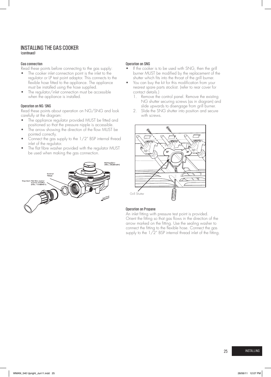 Installing the gas cooker | Westinghouse GEK1385W User Manual | Page 25 / 28