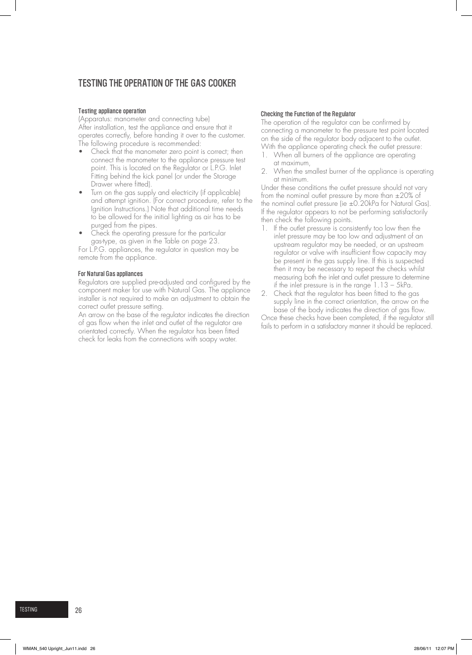 Testing the operation of the gas cooker | Westinghouse GEK1385W User Manual | Page 26 / 28