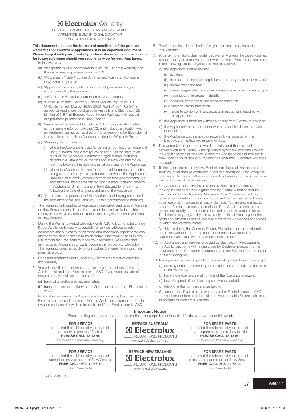 Warranty | Westinghouse GEK1385W User Manual | Page 27 / 28