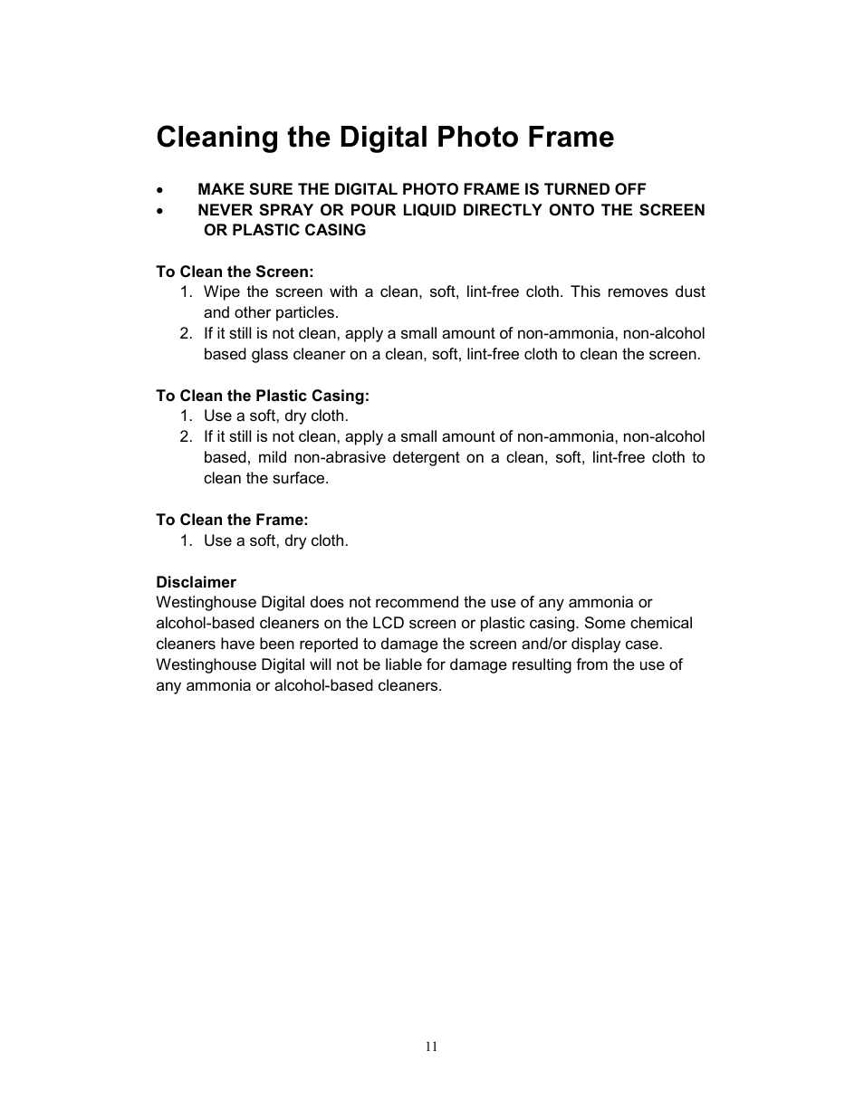 Cleaning the digital photo frame | Westinghouse DPF-0801 User Manual | Page 12 / 15