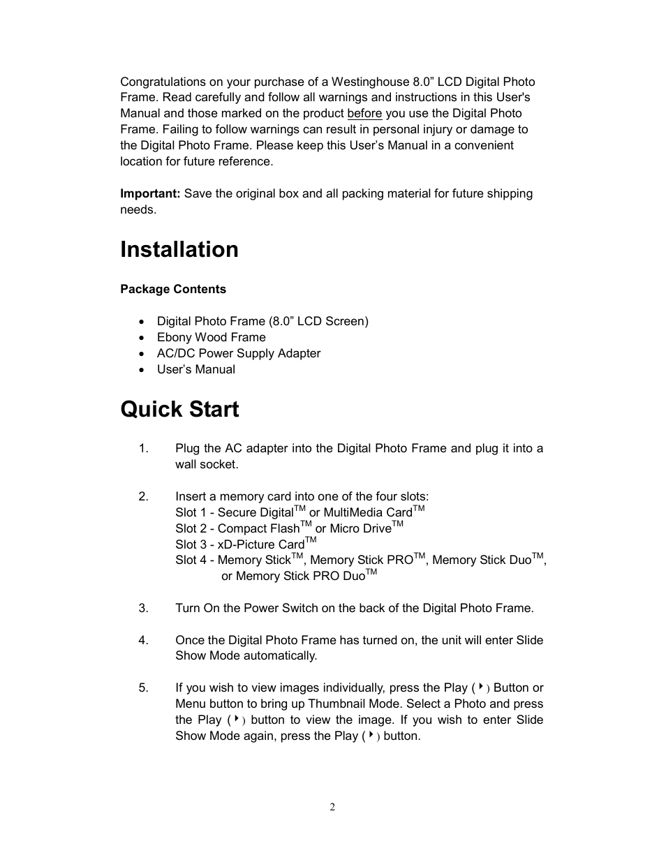 Installation, Quick start | Westinghouse DPF-0801 User Manual | Page 3 / 15