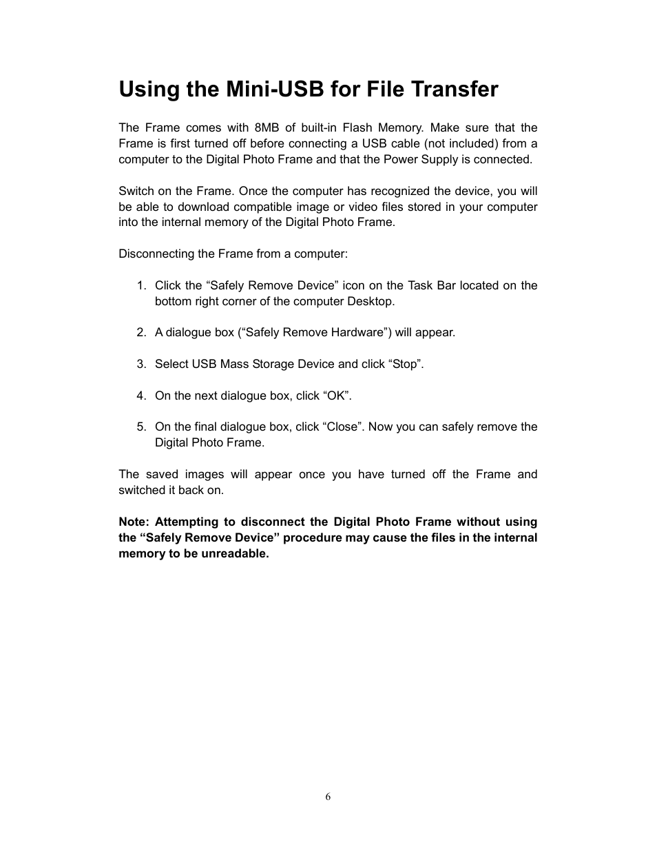 Using the mini-usb for file transfer | Westinghouse DPF-0801 User Manual | Page 7 / 15