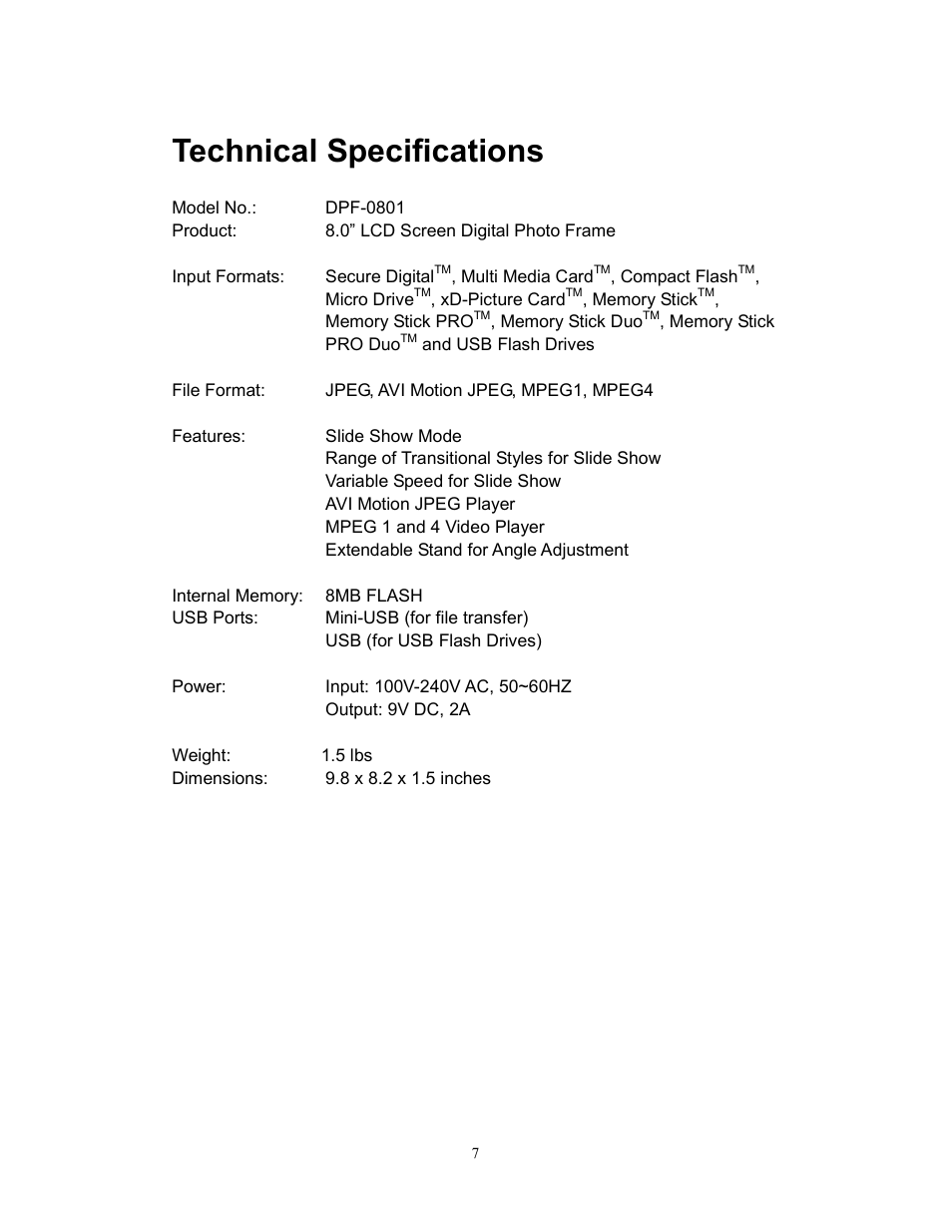 Technical specifications | Westinghouse DPF-0801 User Manual | Page 8 / 15