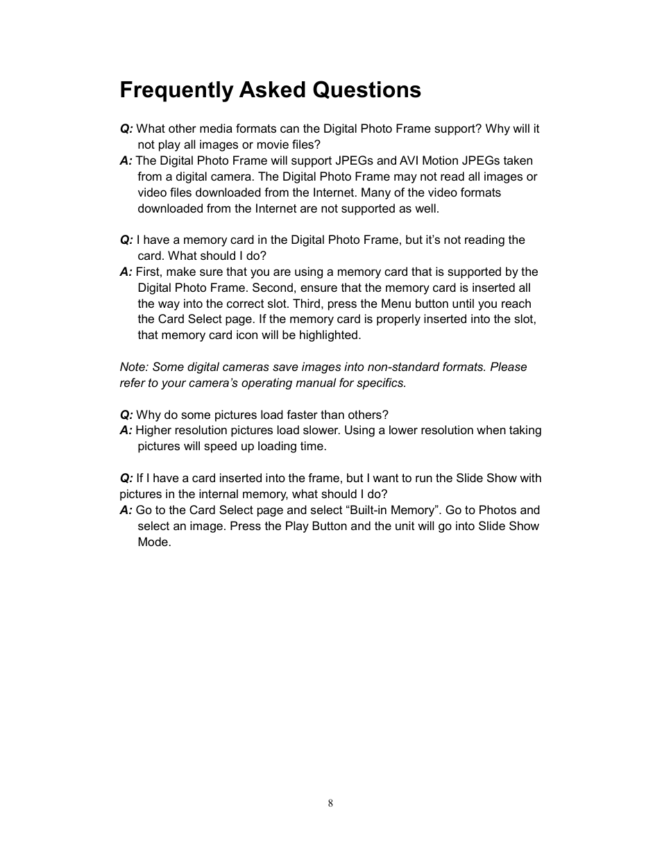 Frequently asked questions | Westinghouse DPF-0801 User Manual | Page 9 / 15