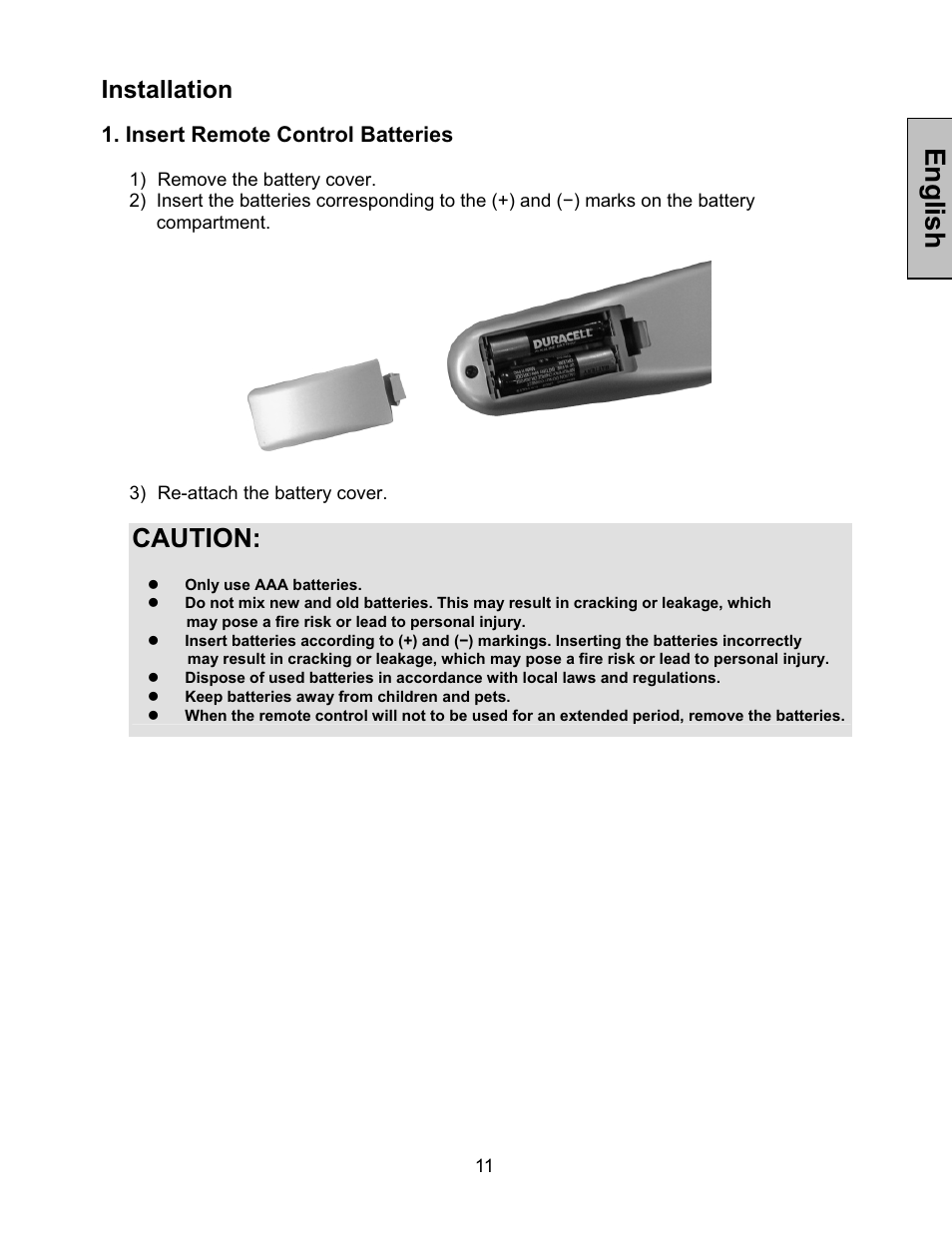 English, Caution, Installation | Insert remote control batteries | Westinghouse LVM-42w2 User Manual | Page 13 / 26