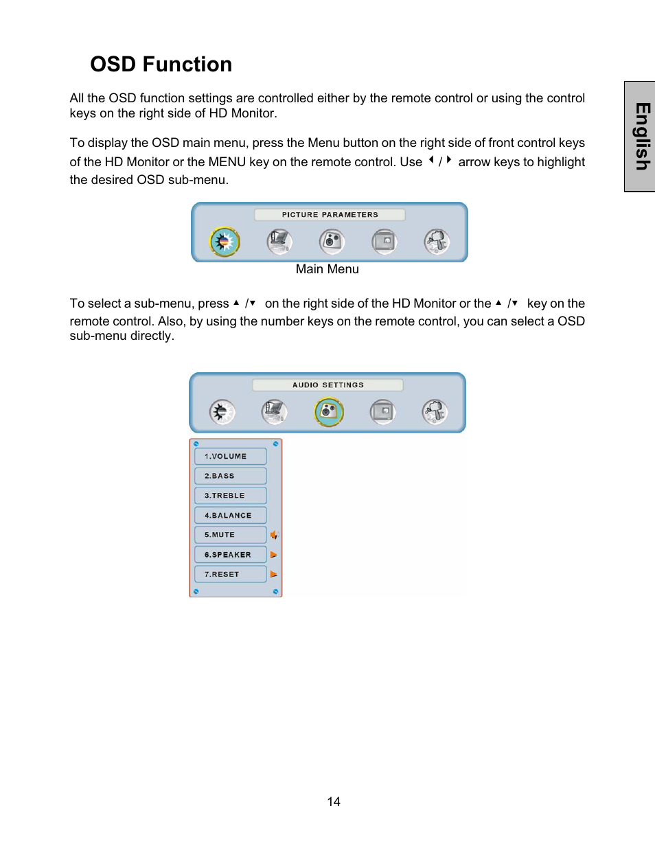 Osd functions, Navigating the osd, Osd function | English | Westinghouse LVM-42w2 User Manual | Page 16 / 26