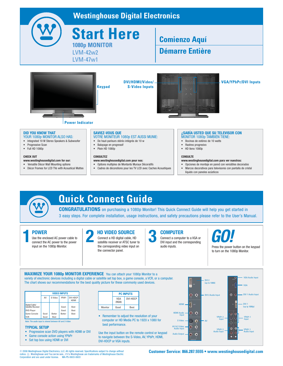 Quick connect guide, Start here, Comienzo aquí démarre entière | Westinghouse digital electronics, Computer, Power, Hd video source | Westinghouse LVM-42w2 User Manual | Page 25 / 26