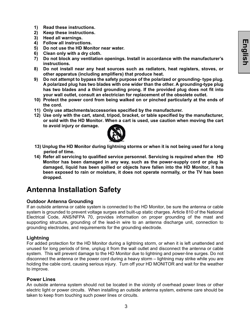 English, Antenna installation safety | Westinghouse LVM-42w2 User Manual | Page 5 / 26