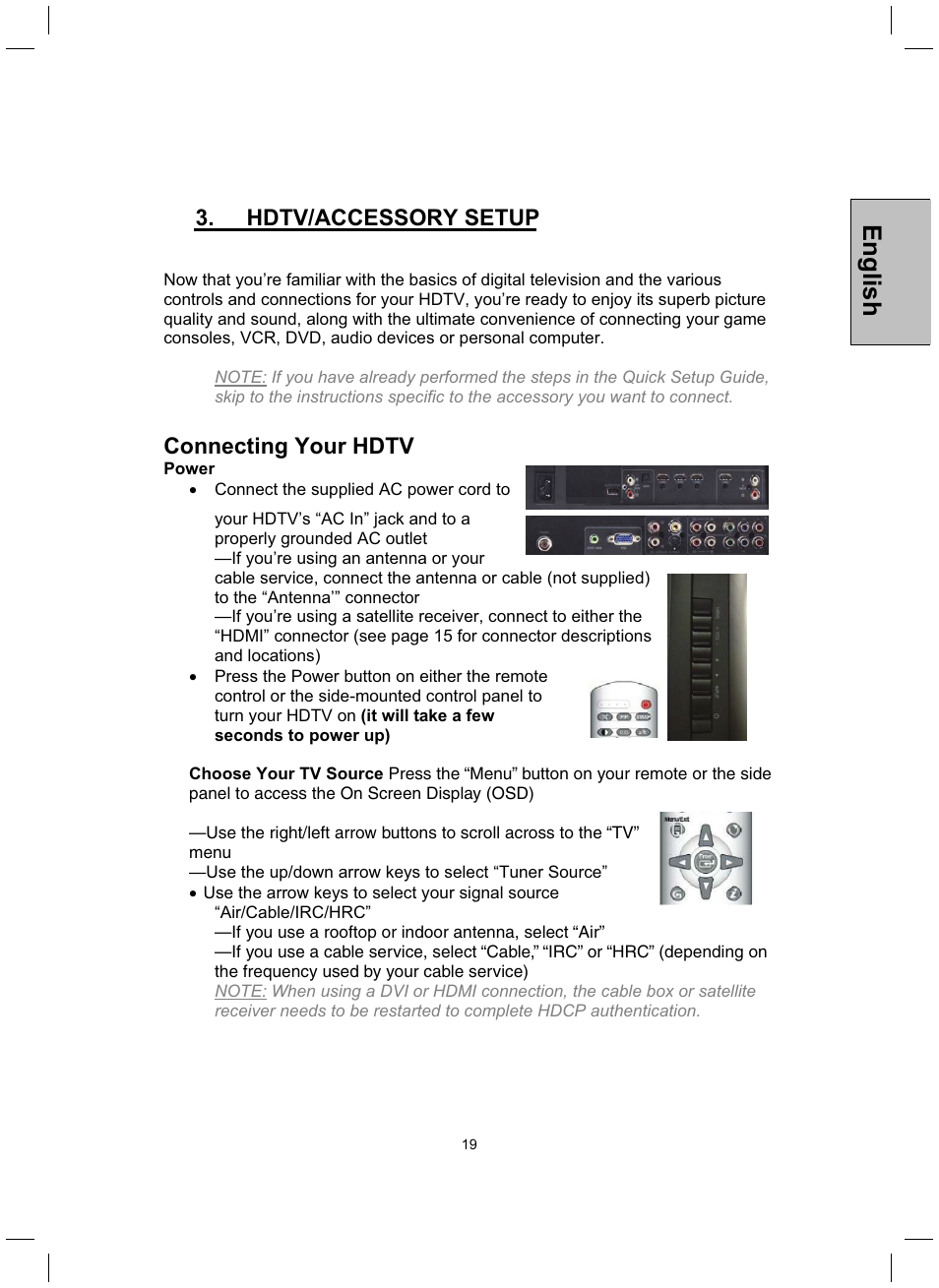 English, Hdtv/accessory setup, Connecting your hdtv | Westinghouse TX-42F430S User Manual | Page 19 / 50