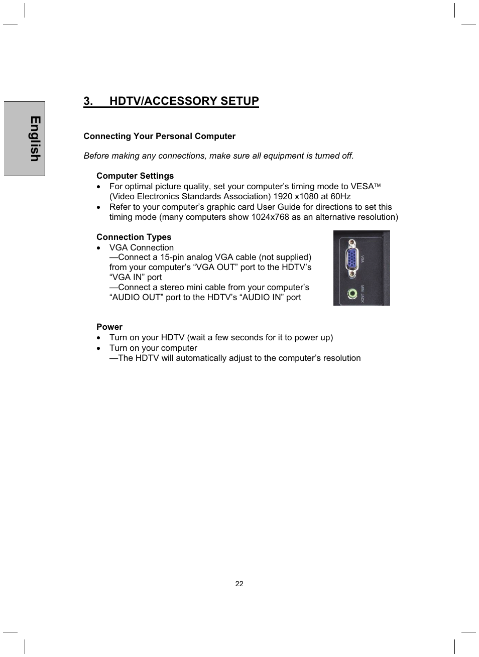 English, Hdtv/accessory setup | Westinghouse TX-42F430S User Manual | Page 22 / 50