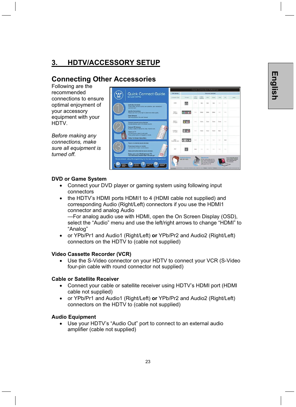 English, Hdtv/accessory setup connecting other accessories | Westinghouse TX-42F430S User Manual | Page 23 / 50