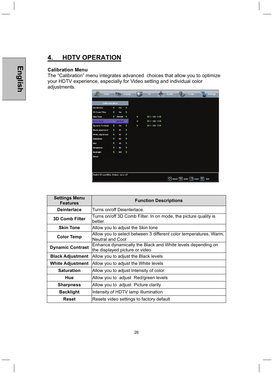 English, Hdtv operation | Westinghouse TX-42F430S User Manual | Page 26 / 50