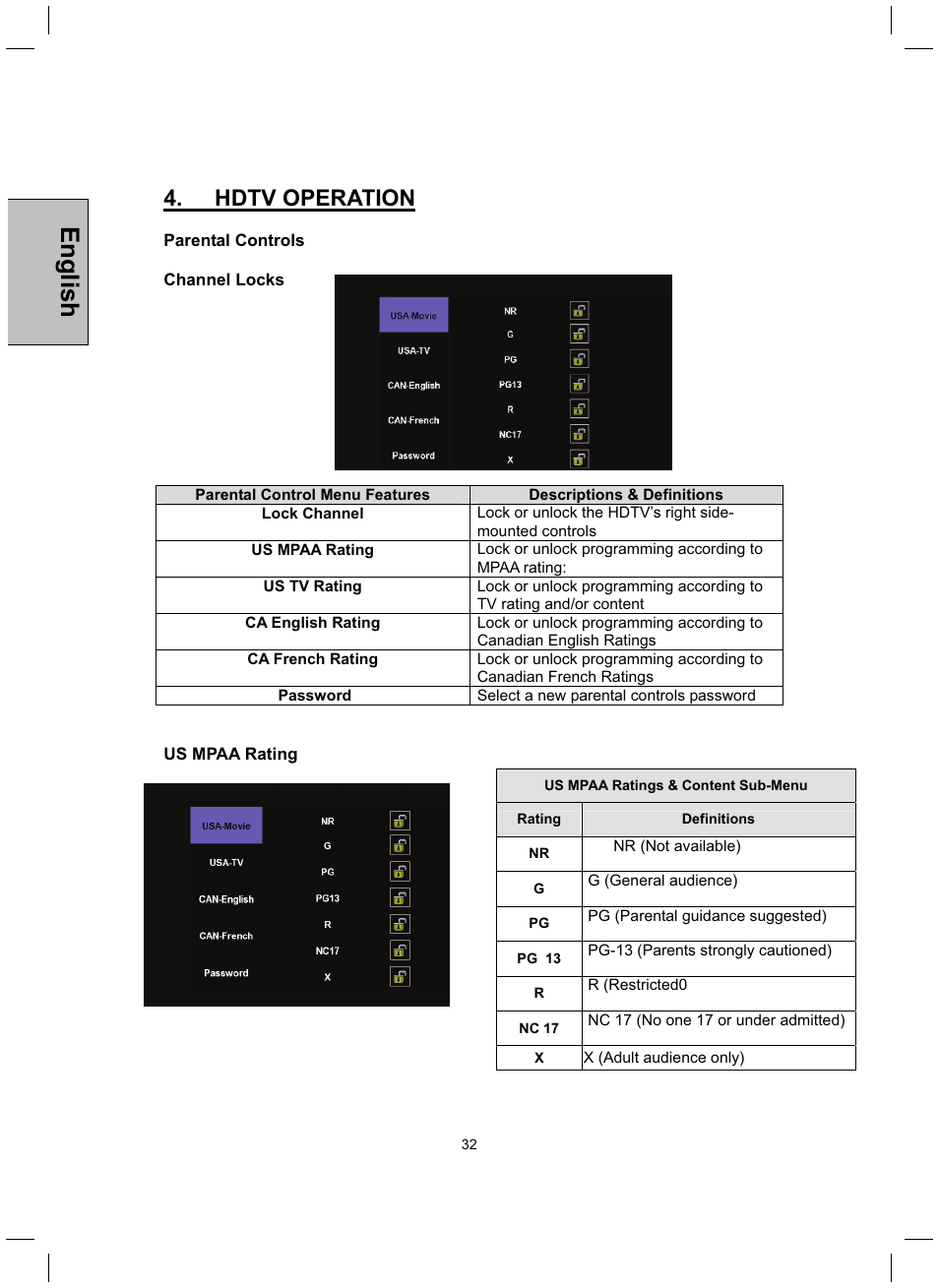 English, Hdtv operation | Westinghouse TX-42F430S User Manual | Page 32 / 50