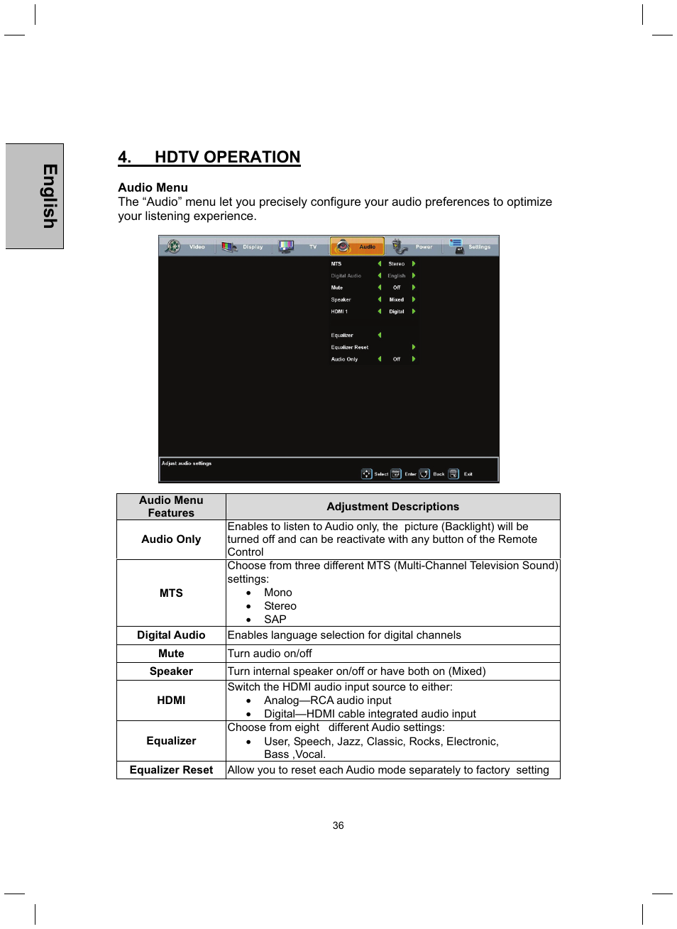 English, Hdtv operation | Westinghouse TX-42F430S User Manual | Page 36 / 50