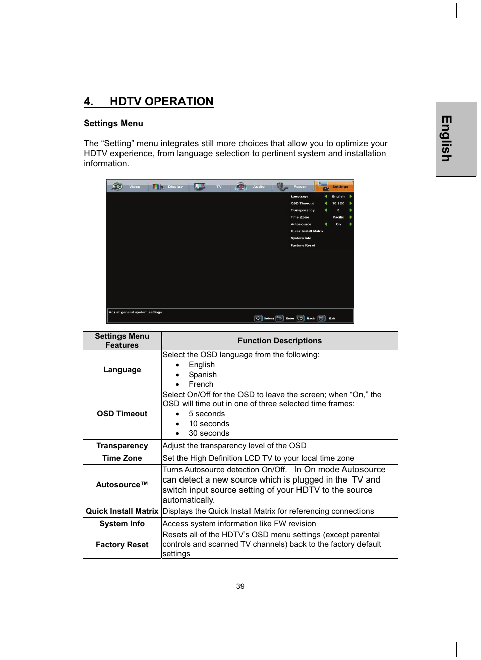 English, Hdtv operation | Westinghouse TX-42F430S User Manual | Page 39 / 50