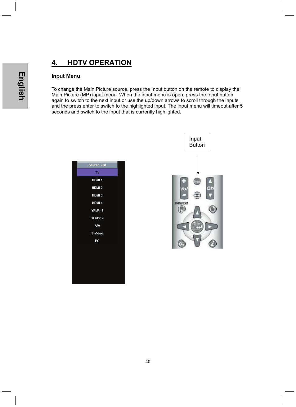 English, Hdtv operation | Westinghouse TX-42F430S User Manual | Page 40 / 50