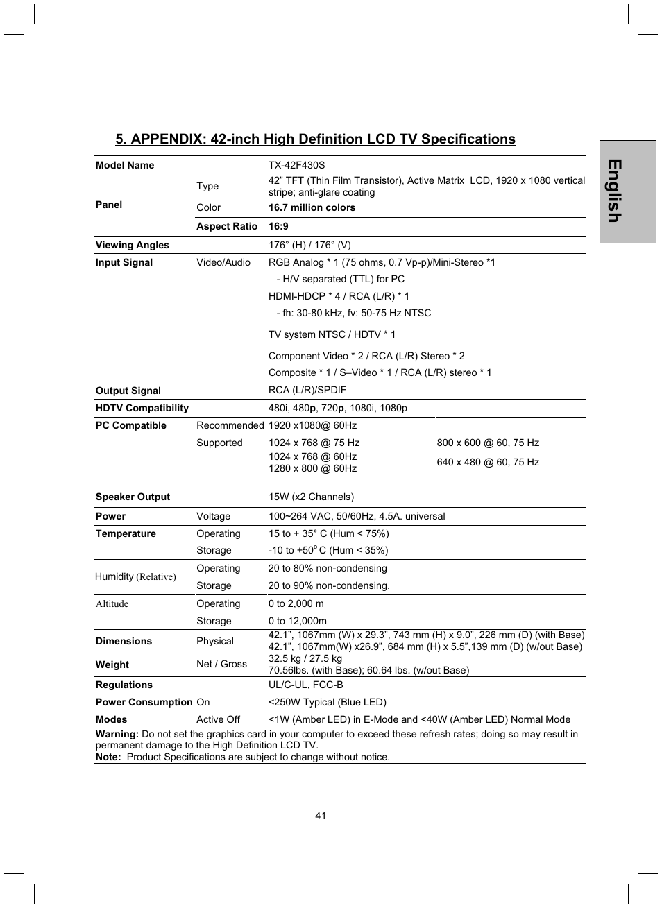 English | Westinghouse TX-42F430S User Manual | Page 41 / 50