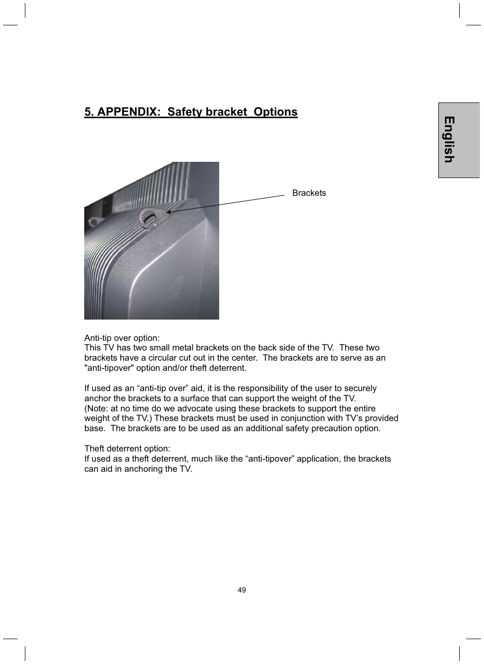 English, Appendix: safety bracket options | Westinghouse TX-42F430S User Manual | Page 49 / 50