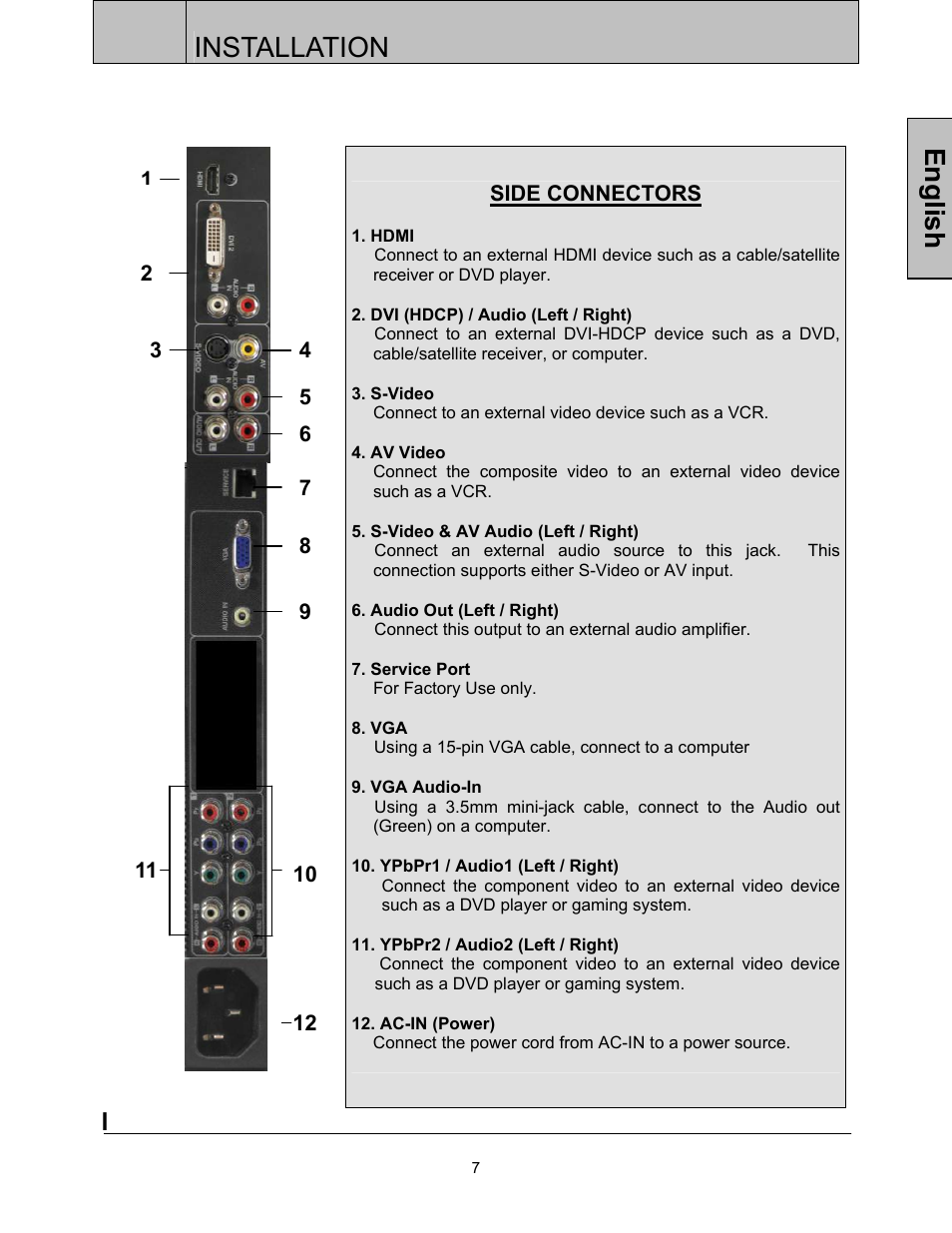 Installation, English | Westinghouse LVM-37w3se User Manual | Page 10 / 25