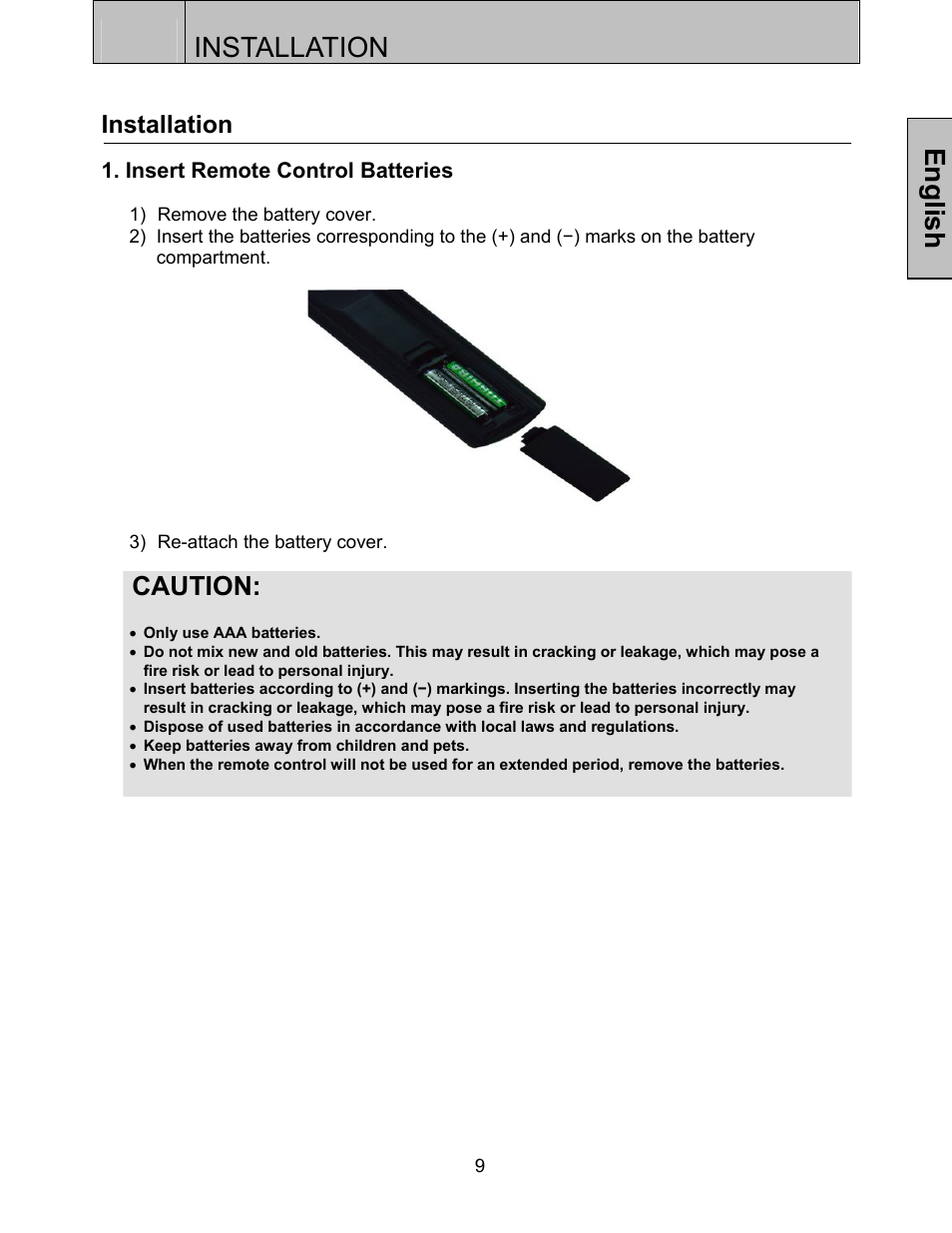 Installation, English, Caution | Westinghouse LVM-37w3se User Manual | Page 12 / 25