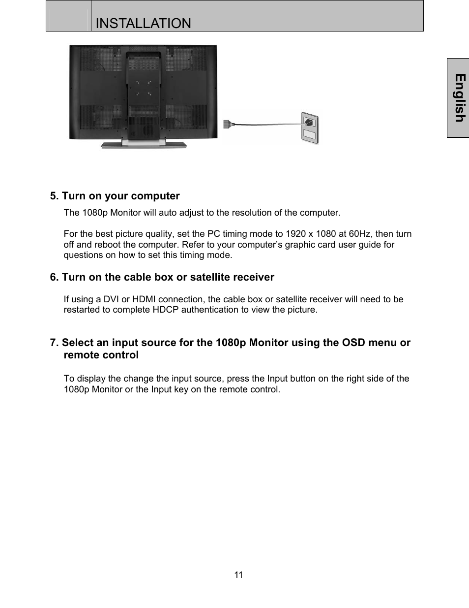 Installation, English | Westinghouse LVM-37w3se User Manual | Page 14 / 25