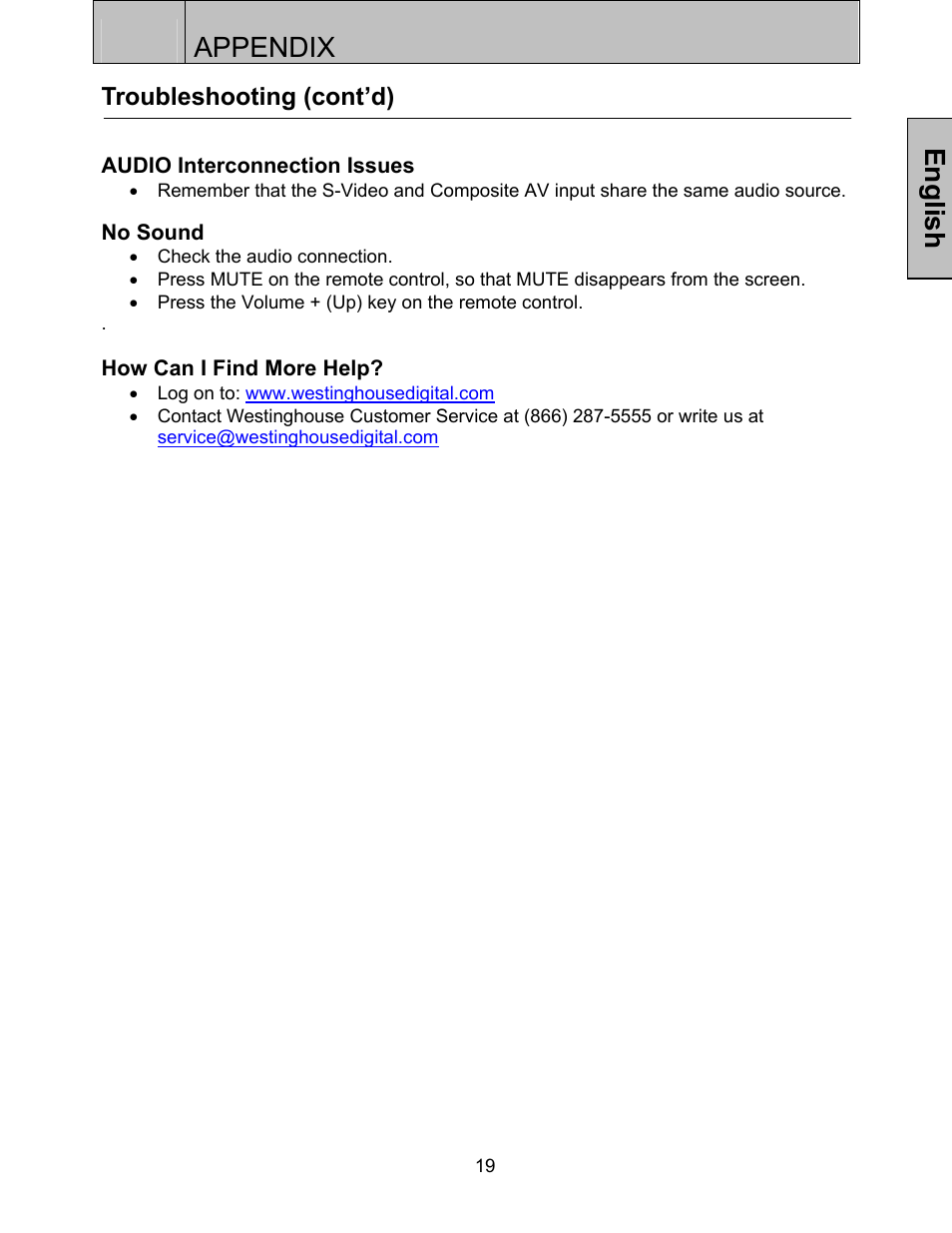 Appendix, English, Troubleshooting (cont’d) | Westinghouse LVM-37w3se User Manual | Page 22 / 25