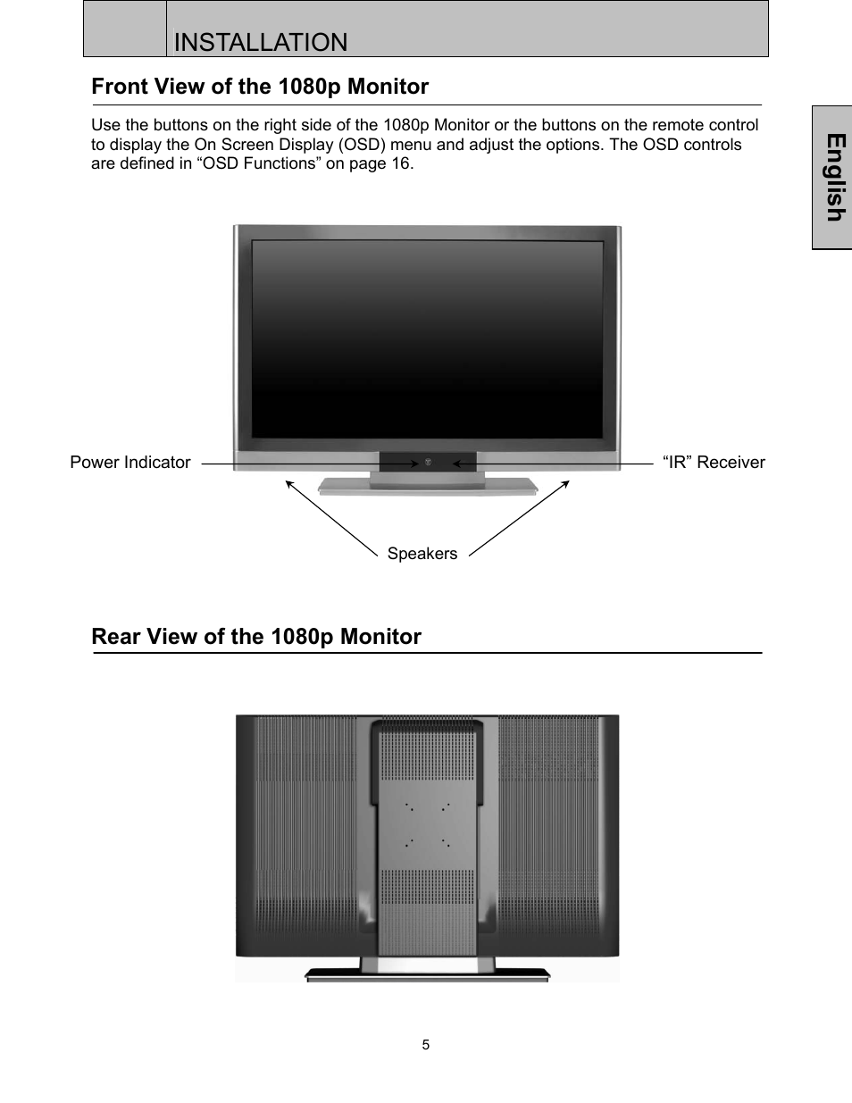 Installation, English, Front view of the 1080p monitor | Rear view of the 1080p monitor | Westinghouse LVM-37w3se User Manual | Page 8 / 25