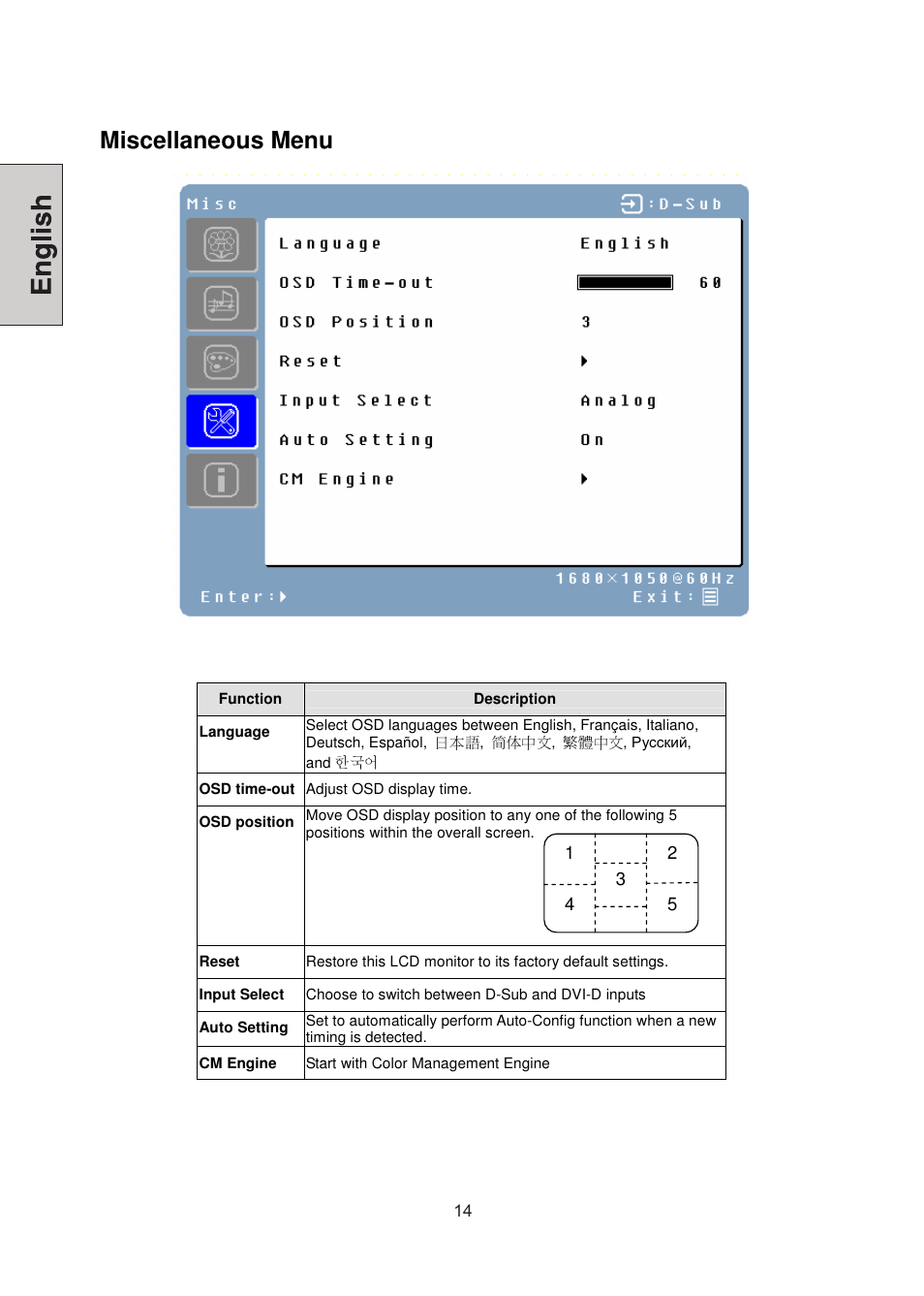 Miscellaneous menu | Westinghouse LCM-22W3 User Manual | Page 16 / 64