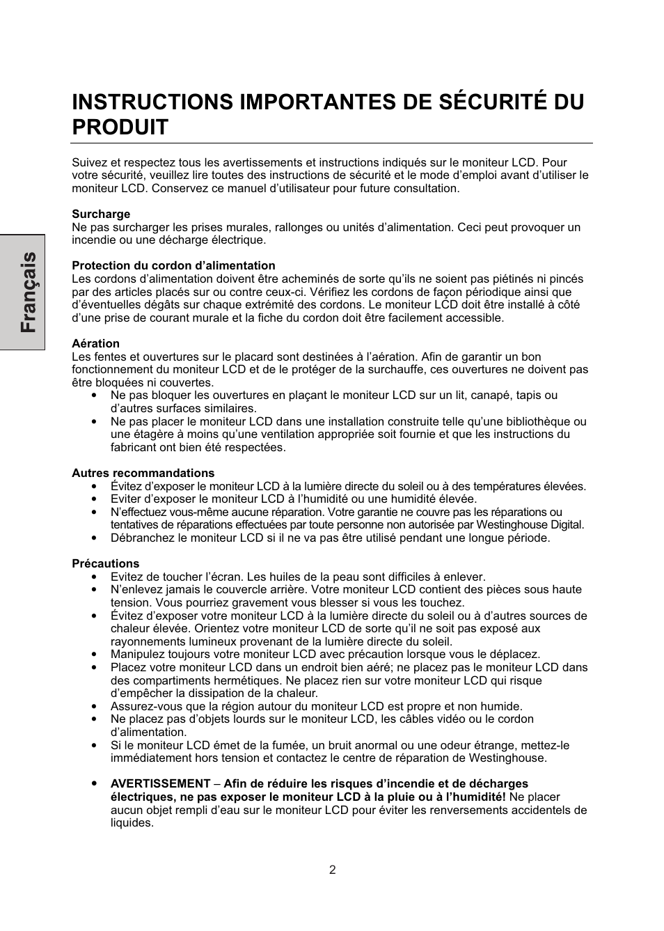 Instructions importantes de sécurité du produit | Westinghouse LCM-22W3 User Manual | Page 24 / 64