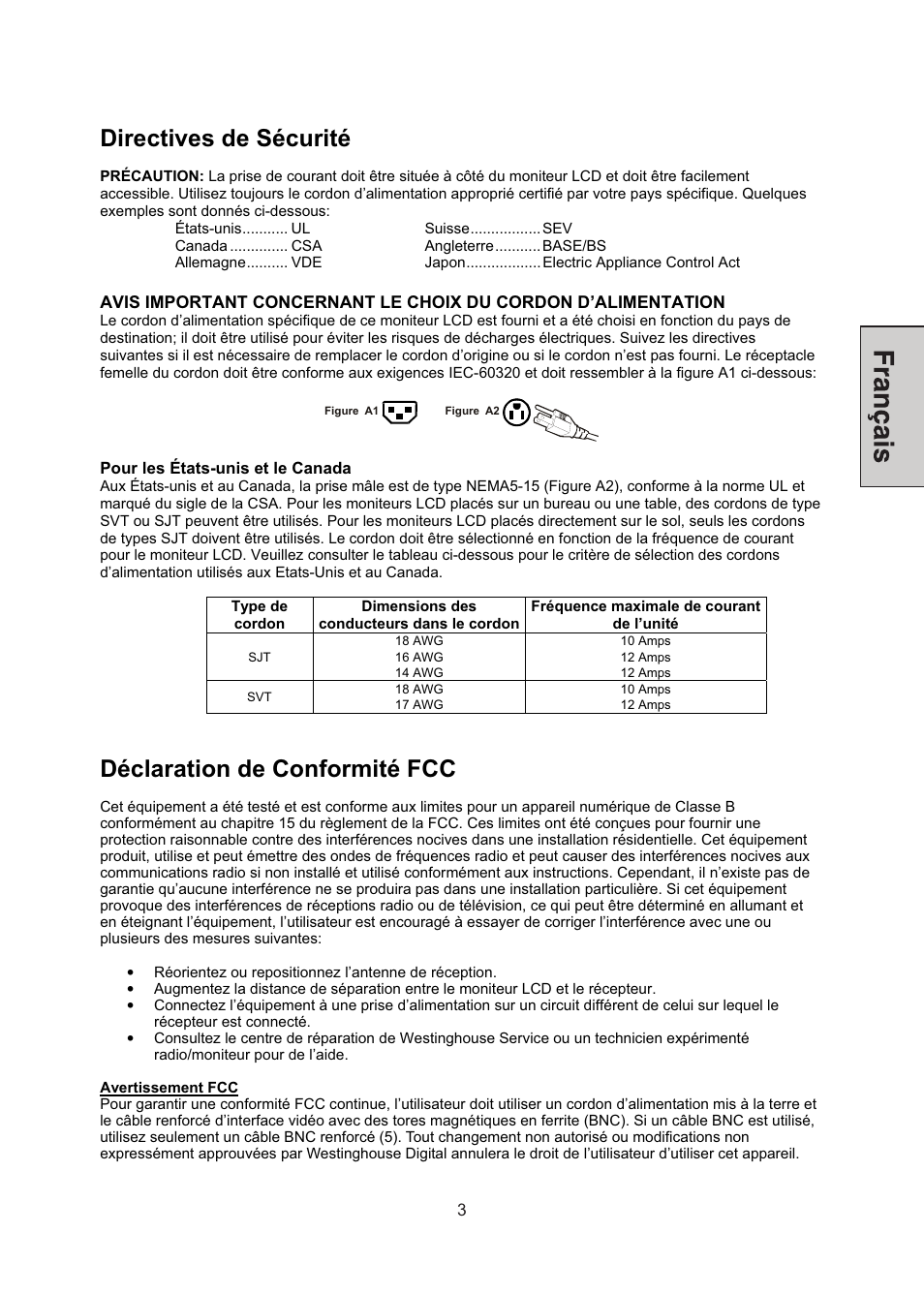 Directives de sécurité, Déclaration de conformité fcc | Westinghouse LCM-22W3 User Manual | Page 25 / 64